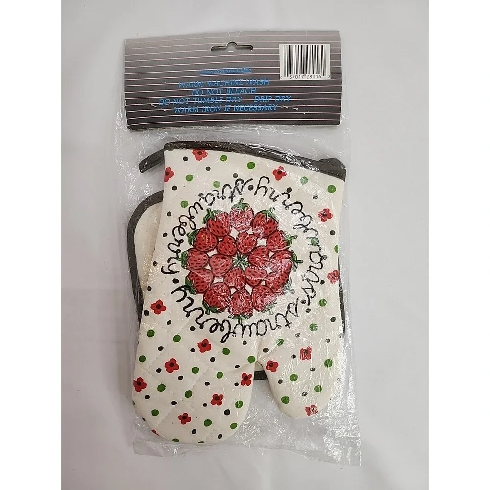 Vtg 70's Oven Mitt Pot Mitt & Pot Holder Cotton Made In Hong Kong Strawberry‎